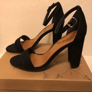 Black faux suede ankle strap chunky heel